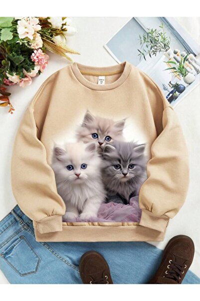 MANCY Kids 3 Cats Printed Oversize Sweatshirt Hoodie