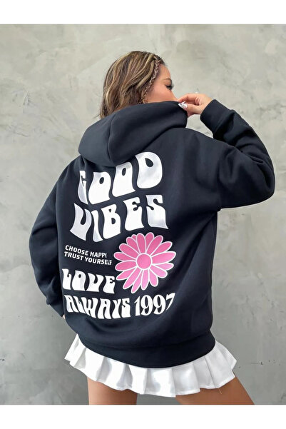 NoVibe Μεγάλο μέγεθος Γυναικείο Μαύρο Good Vibes Εκτύπωση Λεπτομερής Φούτερ μ...