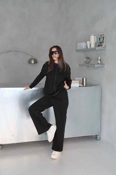 sportiness Wide Leg 2 Thread Fabric Tracksuit Set with Stitching Detail