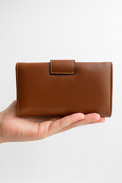 Nova Women's Tan Long Wallet – Gold Buckle, Multi-Eye Card Compartment