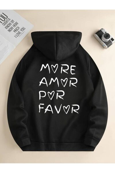 MANCY Hanorac unisex cu glugă, imprimat cu textul „More Amor Por Favor”, supr...