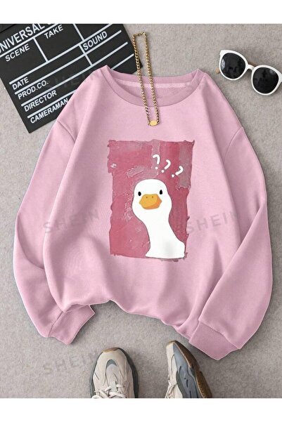 MANCY سويت شيرت بغطاء للرأس برقبة دائرية كبيرة الحجم مطبوع عليه بطة للأطفال