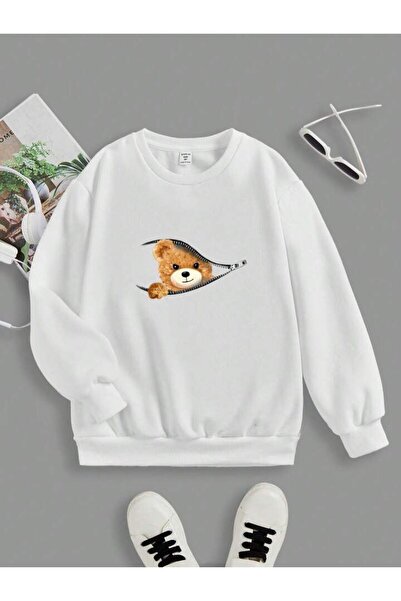 NoVibe Unisex Plus Size Zipper Teddy Bear Printed Oversize Sweatshirt Hoodie
