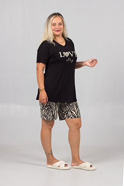 Truva XXL Plus Size Pajama Set with Ruched Sleeves and Zebra Shorts