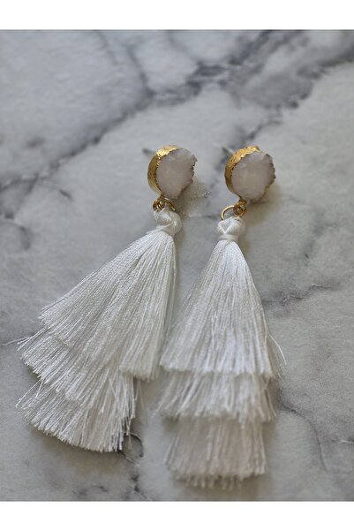 shop Bohem Beyaz Saçaklı Küpe