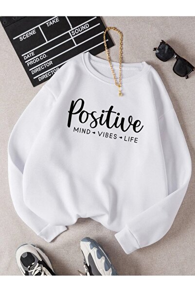 NoVibe Women's White Positive Printed Oversize Crew Neck Sweatshirt