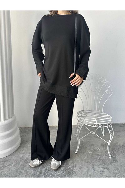 sportiness Lace Detailed Oversize Wide Leg Modal Fabric Tracksuit Set