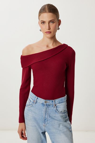 Lovelyİstanbul Pulover moale tricotat cu un singur umăr LUB0203 ROȘU CLARET
