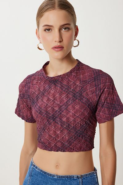Lovelyİstanbul Patterned Crop Crinkle Blouse Lan0048 Bordo