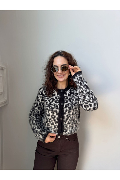 motina Kadın Bisiklet Yaka Siyah Leopar Desenli Yünlü Desenli Hırka
