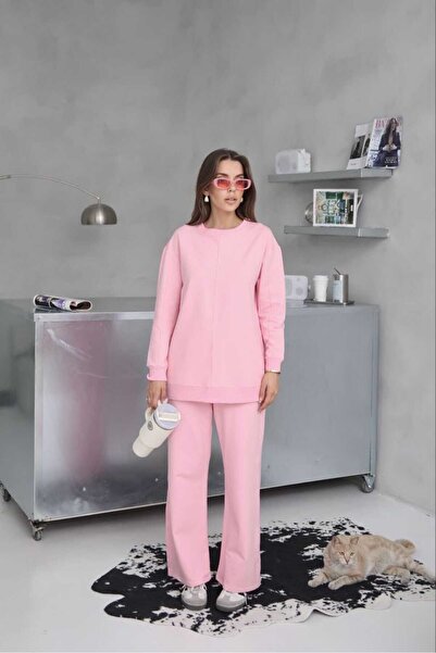 02Lady Fashion Wide Leg 2 Thread Fabric Tracksuit Set with Stitching Detail