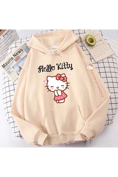 NoVibe Hanorac cu glugă supradimensionat cu 3 fire imprimat Hello Kitty, culo...