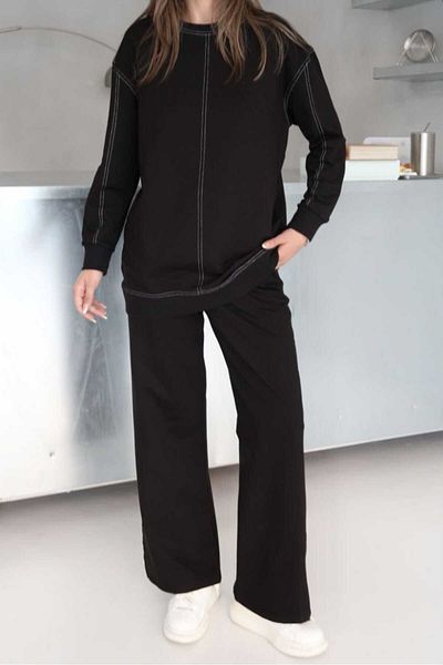 sportiness Wide Leg 2 Thread Fabric Tracksuit Set with Stitching Detail