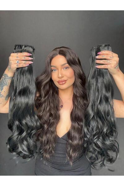 Suzan Peruk Siyah 8 parça Dalgalı uzun Çıt Çıt Saç 70cm Ekstra yoğun 250 gram...