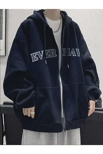 NoVibe Plus Size Navy Blue Everhave Printed 3 thread Oversize Zipper Jacket