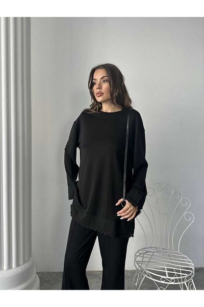 sportiness Lace Detailed Oversize Wide Leg Modal Fabric Tracksuit Set
