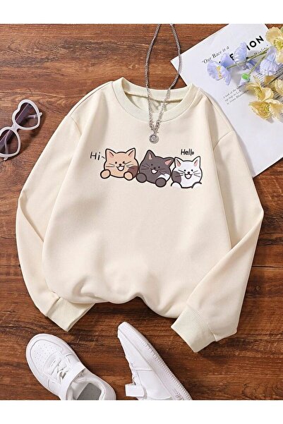 NoVibe Unisex Plus Size Hello 3 Cat Printed Oversize φούτερ με κουκούλα