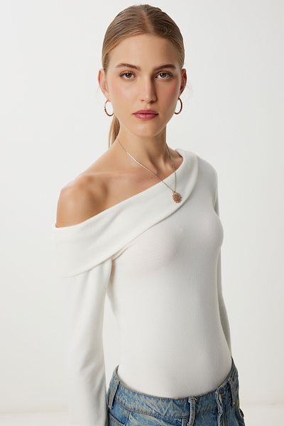 Lovelyİstanbul One Shoulder Knitted Soft Sweater Lub0203 Bone