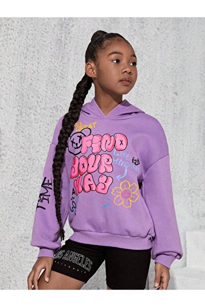 NoVibe سويت شيرت بقلنسوة كبير الحجم مطبوع للأطفال