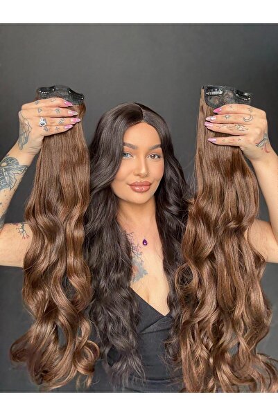 Suzan Peruk Işıltılı Kahve 8 parça Dalgalı uzun Çıt Çıt Saç 70cm Ekstra yoğun...