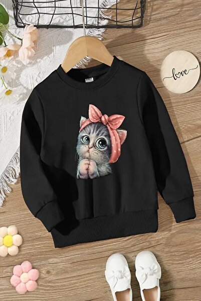 NoVibe Детски суитшърт с качулка и панделка, черен