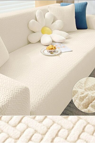 sabirehome غطاء أريكة مرن بنمط الطوب 3 كريمي |   غطاء مقعد مطاطي |   غطاء المقعد