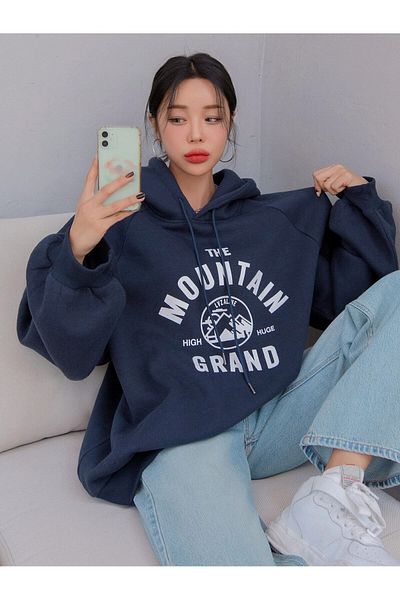 NoVibe 'Plus Size' Design Mountain Navy Blue Hooded 3 Thread Sweatshirt