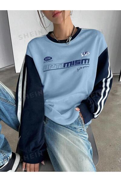 NoVibe سويت شيرت شتوي كبير الحجم مطبوع عليه أوبتيمزم بأكمام راجلان ورقبة دائر...