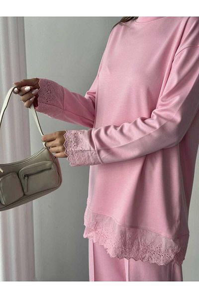 02Lady Fashion Lace Detailed Oversize Wide Leg Modal Fabric Tracksuit Set