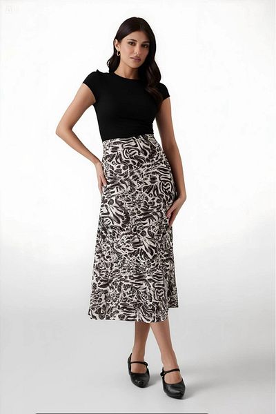 hazelin Women's Light Beige Zebra Patterned Satin Surface Elastic Waist Midi Length Skirt Hzl23S-Bd1101471