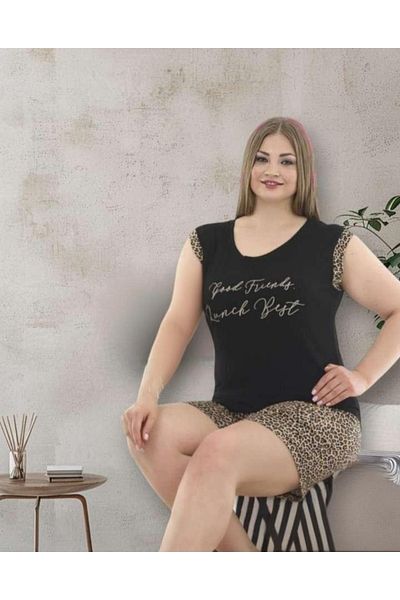 RAHAF TİCARET Women's Plus Size Black Leopard Print Shorts Pajama Set