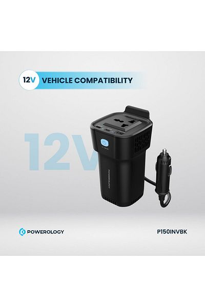 Powerology 150W Cup Holder Power Inverter - Dual USB-C & USB-A QC3.0 Ports, PD 30W,150W AC Output,12