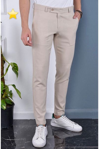 wamoss New Season Slim Fit Belted and Tongue Closure Linen Trousers Dil1