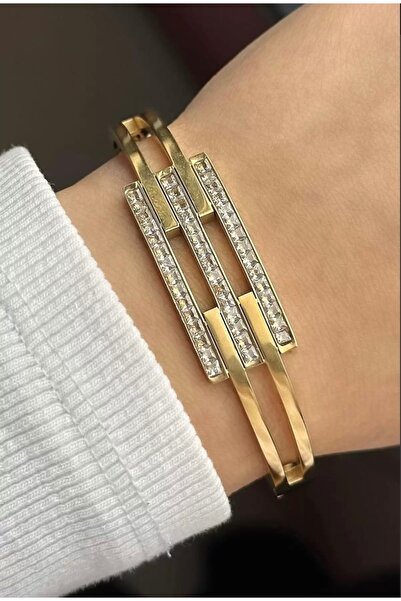 Yegane Altın Renk Taş Detaylı Zarif Kelepçe Bileklik – Şık Kadın Takı