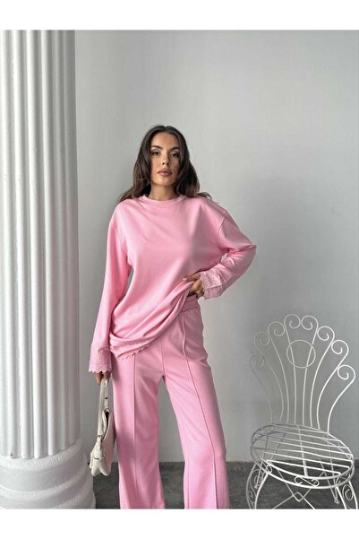 02Lady Fashion Dantel Detaylı Oversize Geniş Paça Modal Kumaş Eşofman Takım