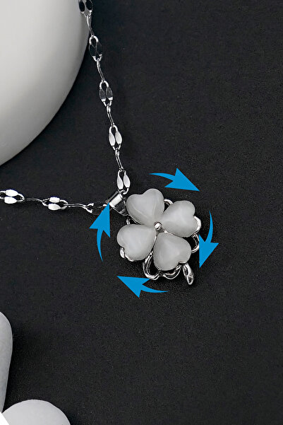 The Collection Silver Stainless Steel Women's Necklace with Rotating Clover Figure Stone