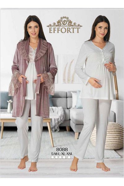 EM&FA TEKSTİL Maternity Maternity Velvet Dressing Gown Pajama Set
