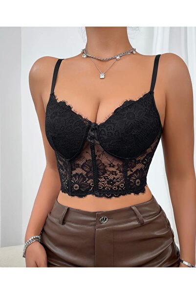 ALİVİONS Siyah Dantelli Ayarlanabilir Askılı Büstiyer