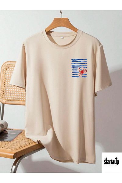 QUEENSTOWN Unisex Beige Chest Crab Printed Oversize Crew Neck T-Shirt