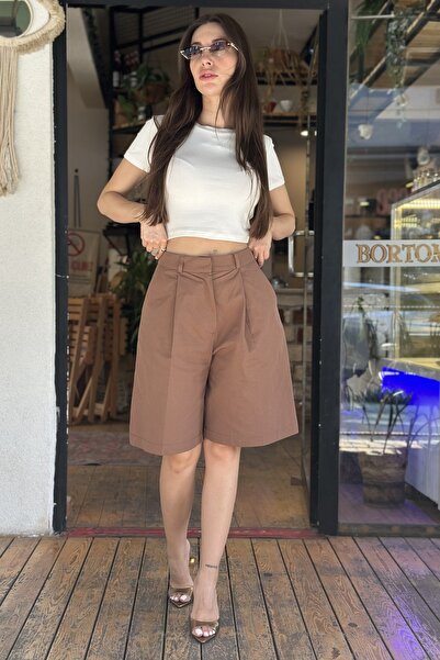 CurcunaShop Kadın Önden Çift Pileli Bermuda Şort