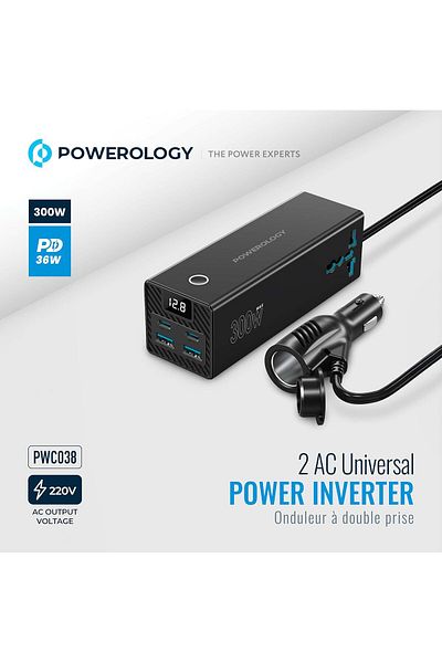 Powerology 300W Car Power Inverter, 2 AC Sockets, Dual 36W PD USB-C, Dual QC USB-A 30W, Voltage Moni