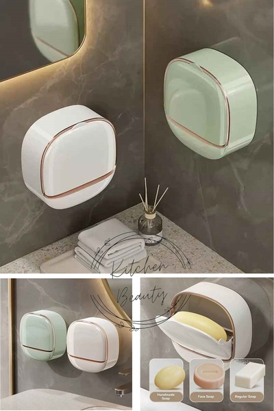 Kitchen Beauty Yapışkanlı Hazneli Kapaklı Katı Sabunluk Kendinden Boşaltmalı Su Tutmaz Katı Sabunluk Sabun Kutusu