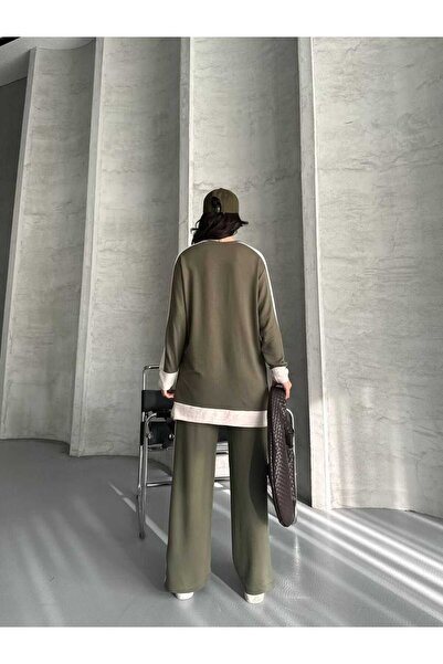 sportiness Garnili Oversize Half Zipper Slit Detailed Wide Leg Modal Fabric Tracksuit Set