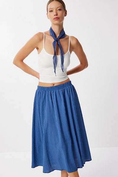 Lovelyİstanbul Textured Flared Woven Skirt Lyy0117 Indigo Blue