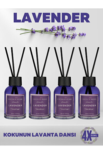 Cocolis Home 4'lü Lavanta Çubuklu Oda Kokusu Lavender Reed Diffuser 50 ml