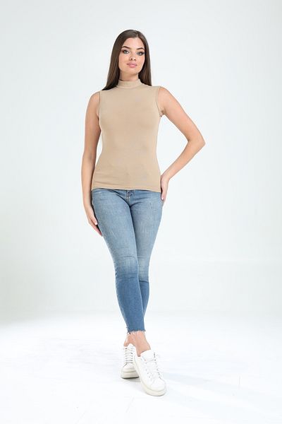 Tight Lady 90% Cotton 10% Lycra Body-Fitting Soft Touch Women's Turtleneck Comfortable Casual Sleeveless Bodysuit