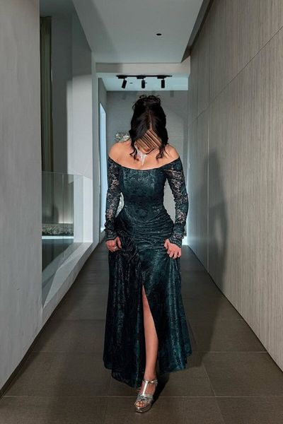 HOOR AL-YASMEEN Olive green lace evening dress