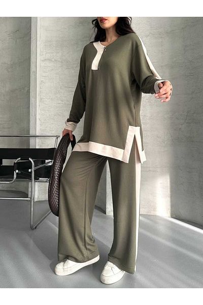 02Lady Fashion Garnili Oversize Half Zipper Slit Detailed Wide Leg Modal Fabric Tracksuit Set