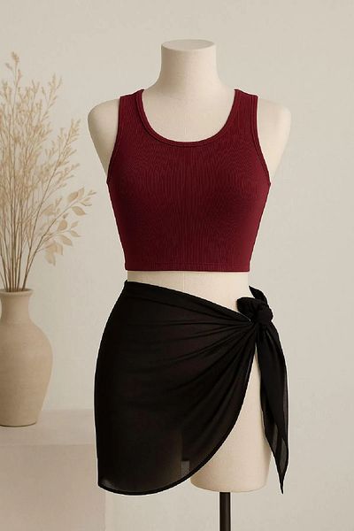 ALPINMODA Round Neck Zero Sleeve Crop and Pareo Set 2 Pcs