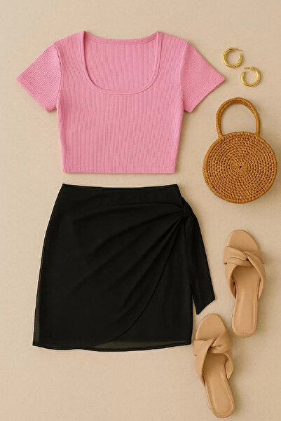 ALPINMODA Half Sleeve Pink Crop and Pareo 2 Pack